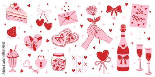 Valentine’s Day flat vector illustration set. Cute pink and red doodle hearts, roses, gift boxes, sweets, champagne, love letters and bows. Perfect for greeting cards, stickers, invitations, design.