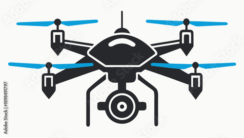 Modern quadcopter drone with four propellers hovering in mid-air isolated on white background, Vector