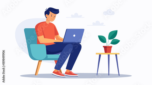 A person relaxing while working on a laptop in a cozy home office setting. isolated on white background, Vector