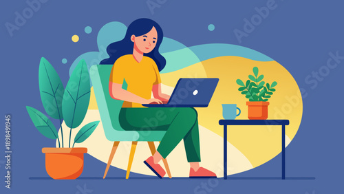 A focused woman working on her laptop amidst indoor plants and a cozy home environment isolated on white background, Vector