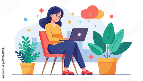 Woman working on laptop surrounded by plants and enjoying a sunny day indoors isolated on white background, Vector