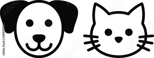 Dog and cat face icon set, cute pet head symbols, animal outline illustration, black minimalist logo design