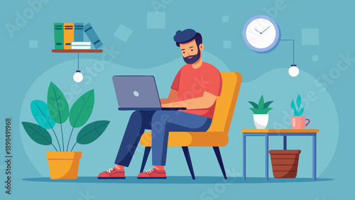 A focused individual working on a laptop amidst indoor plants and a cozy home office setup. isolated on white background, Vector