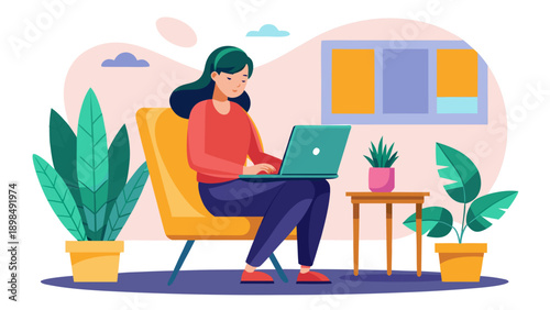 Woman working from home in a cozy and organized environment with plants around her. isolated on white background, Vector