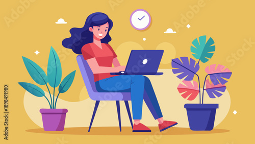 Woman working on laptop surrounded by indoor plants and a clock on the wall. isolated on white background, Vector