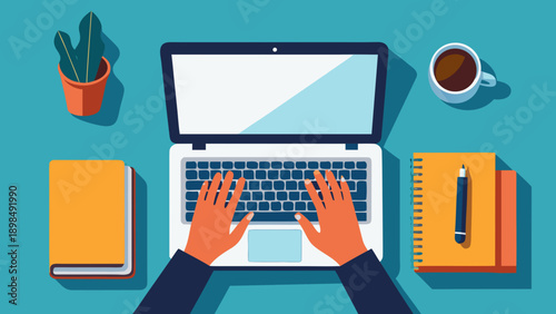 Person working on laptop with notebooks and coffee cup on a desk isolated on white background, Vector