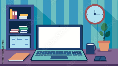 A cozy home office workspace featuring a laptop and organized desk setup. isolated on white background, Vector