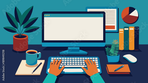 Modern workspace setup with computer, keyboard, and colorful stationery items. isolated on white background, Vector