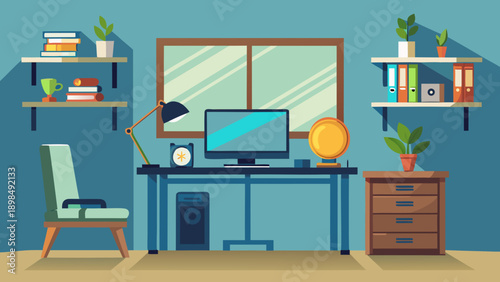 A cozy home office workspace with modern furniture and tech accessories. isolated on white background, Vector