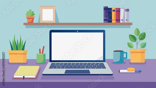 A well-organized workspace featuring a laptop, books, and desk plants. isolated on white background, Vector
