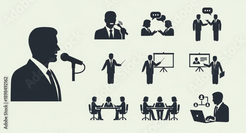 Business meeting and presentation icons set.