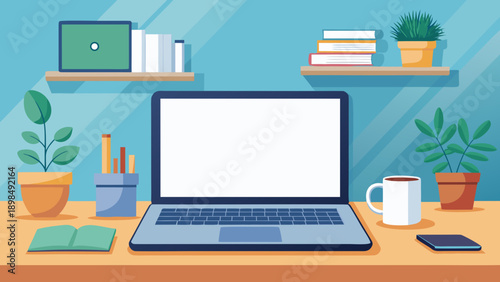 A modern workspace featuring a laptop surrounded by study materials and plants. isolated on white background, Vector