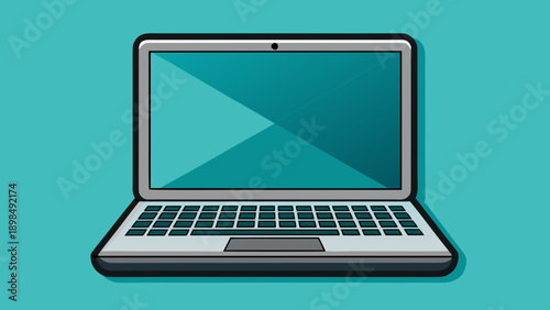Modern laptop displaying a colorful presentation slide on a teal background isolated on white background, Vector