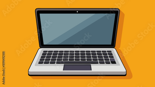 Colorful cartoon laptop sitting on a vibrant yellow background isolated on white background, Vector