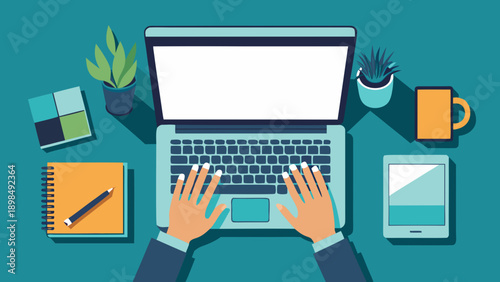 Person working on laptop surrounded by office supplies and stationery items isolated on white background, Vector