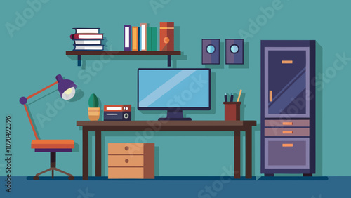 A modern home office workspace with computer and desk essentials. isolated on white background, Vector