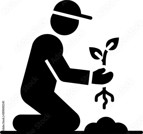 Man planting seedling in dirt while kneeling, a concept of gardening and growth. Black silhouette icon for website, application, vector illustration