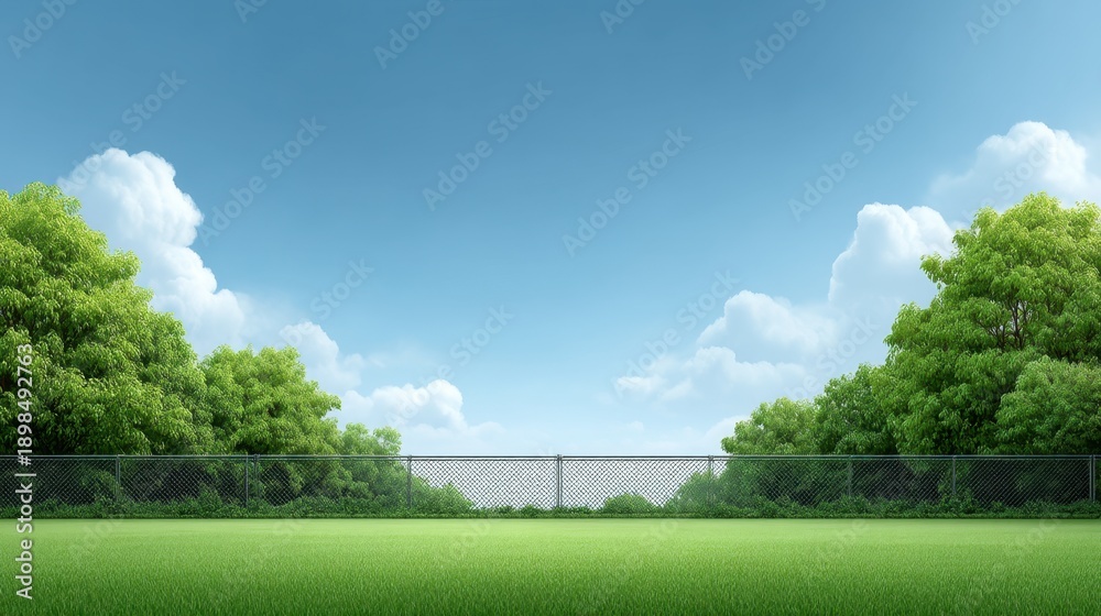 Obraz premium Serene Landscape Featuring Lush Green Grass Under Clear Blue Sky with Wispy Clouds and Fenced Area Surrounded by Vibrant Trees