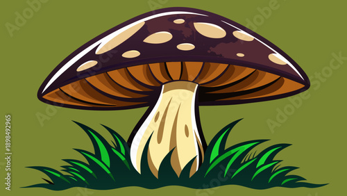 A vibrant mushroom growing amidst a lush green grassy field under bright daylight isolated on white background, Vector