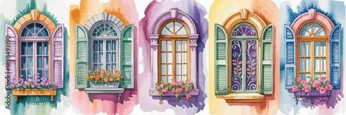 Watercolor windows poster soft blended pastel background teal orange purple yellow blue