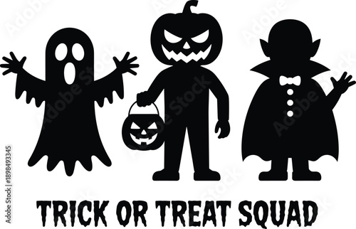 Halloween trick or treat squad illustration, spooky costume silhouettes, ghost pumpkin vampire characters, black holiday kids design