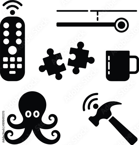 Abstract object icon set, smart technology tools symbols, remote control puzzle octopus hammer illustration, black minimal icons
