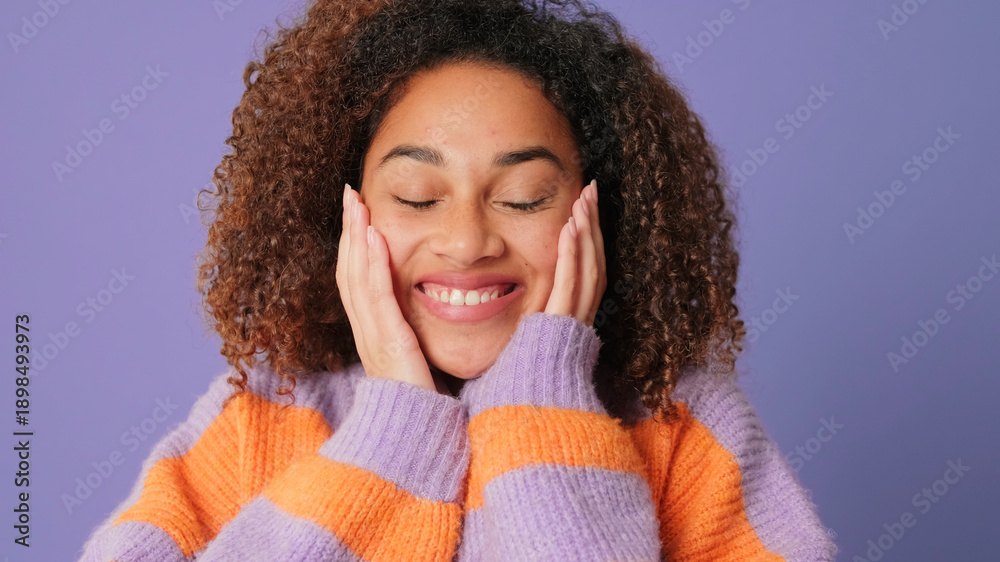 custom made wallpaper toronto digitalSmiling Woman With Colorful Striped Sweater Against Purple Background
