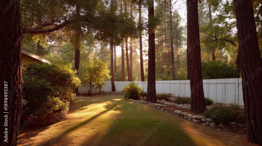 Naklejka premium Serene Backyard with Tall Trees and Sunlight Filtering Through Foliage Creating a Peaceful Atmosphere in a Nature-Inspired Setting