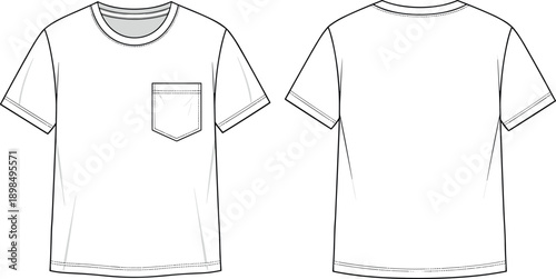 Men's crew neck t-shirt with pocket technical fashion flat sketch vector illustration template front and back view for apparel design.