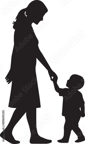Mother and child walking hand in hand vector illustration silhouette on transparent background