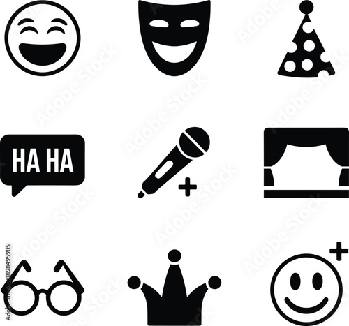 Comedy entertainment icons set with smiley mask microphone stage and party symbols, black humor silhouettes for theater, show, and fun design