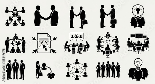 Business meeting and teamwork icons set.