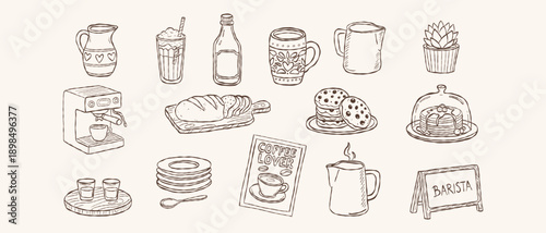Hand drawn coffee cafe barista beverage caffeine menu with espresso latte bread and cookies cozy coffee lover set illustration