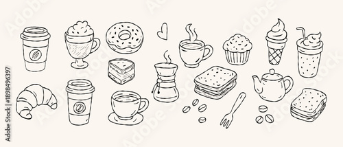 Coffee and dessert set with cup, mug, donut, cupcake, croissant and takeaway drink for cafe menu, bakery illustration and cozy coffee shop lifestyle, hand drawn