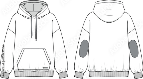 Oversized Hoodie Technical Drawing Fashion Flat Sketch Vector Template with Elbow Patches Front and Back View