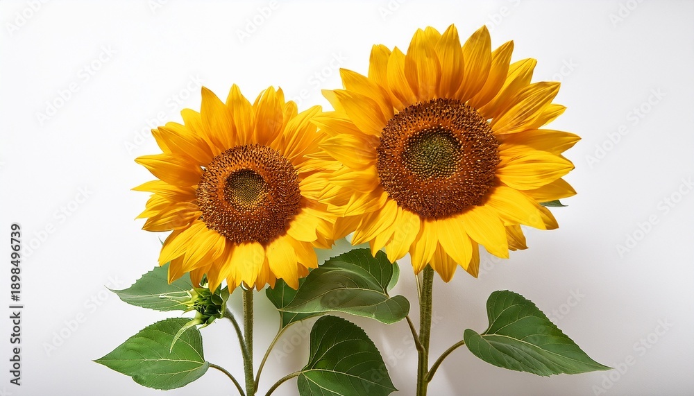 Obraz premium two vibrant yellow sunflowers with lush green leaves stand tall against a plain white background