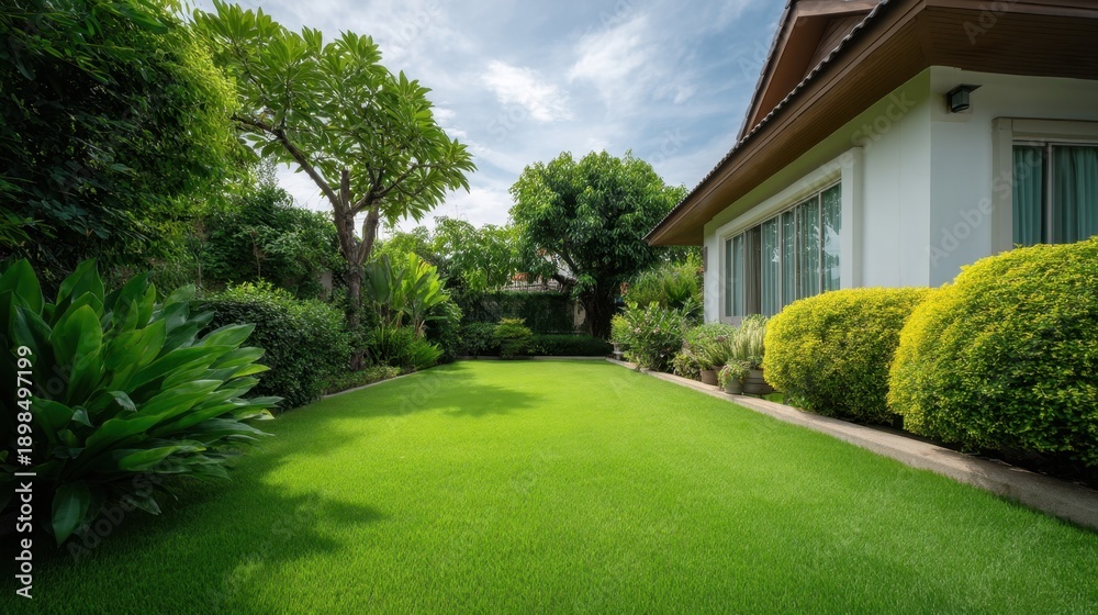 Fototapeta premium Lush Green Garden with Well-Maintained Lawn and Varied Plants Under a Bright Sky in Tranquil Backyard Setting