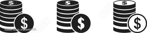 Black and white coin stack icons with dollar symbols representing finance investment savings profit banking wealth concepts isolated background