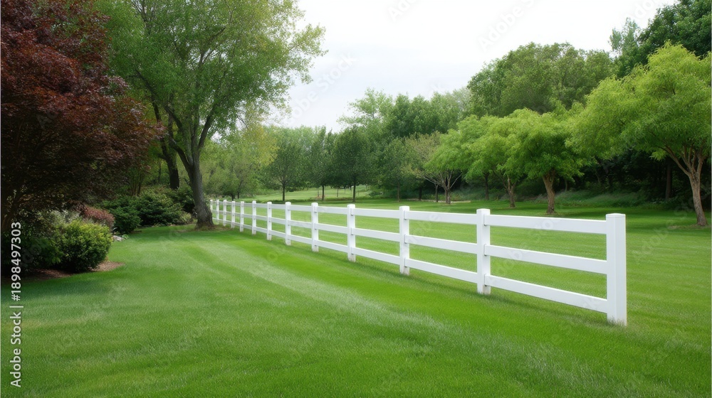 Fototapeta premium Lush Green Landscape with White Wooden Fence and Vibrant Trees Under Cloudy Sky in a Peaceful Natural Setting