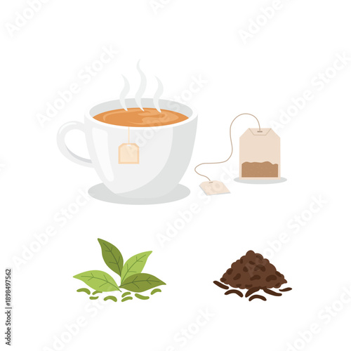 Hot Tea Cup with Tea Bag and Tea Leaves – Fresh Herbal Drink Flat Vector Illustration