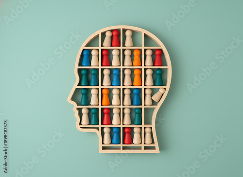 Segmentation inside human head shape symbolizing bias and social stereotypes. Human Behavior, Social Dynamics & Cognitive Bias