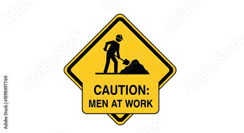Caution sign with men at work on construction site
