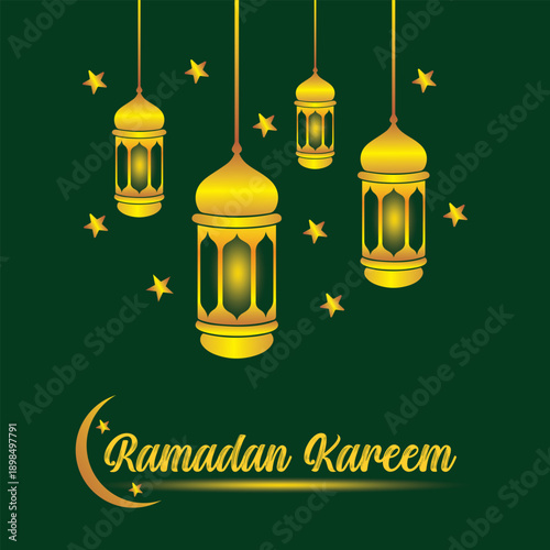 Golden Ramadan Lantern Illustration with Glowing Islamic Festive Background