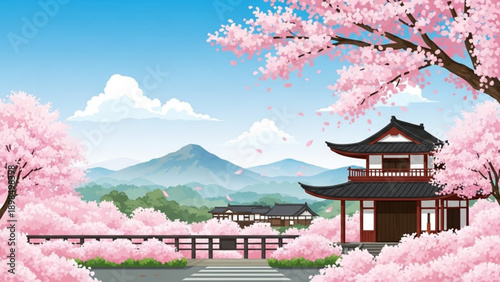 Serene japanese pagoda amidst vibrant cherry blossoms with mountainous backdrop and blue sky