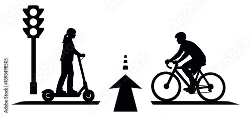 Silhouette urban transport elements set featuring an electric scooter rider, a cyclist, a traffic light, and a directional arrow for city mobility concepts