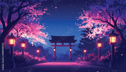 Lantern lined shrine avenue beneath blooming cherry canopy. Romantic Japanese night pathway for scenic backgrounds. Cultural spring landscape illustration with soft glow