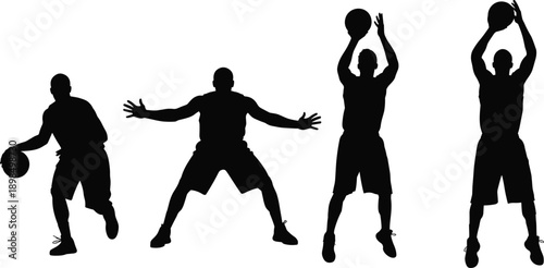 Black silhouettes of basketball players in various action poses, dribbling, defending, and shooting, vector illustration isolated on white background for sports design.