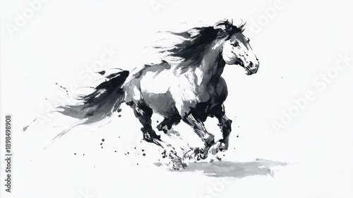 Chinese traditional lunar new year Spring Festival celebration in Asia. A black and white ink painting of a horse galloping against a stark white background. The horse is depicted in a dynamic pose.