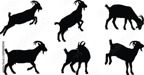 Six black goat silhouettes in various poses on white background animal