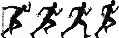 Black silhouettes of running man in motion sequence, sprinting athlete figures, vector illustration isolated on white background, sport training concept art.
